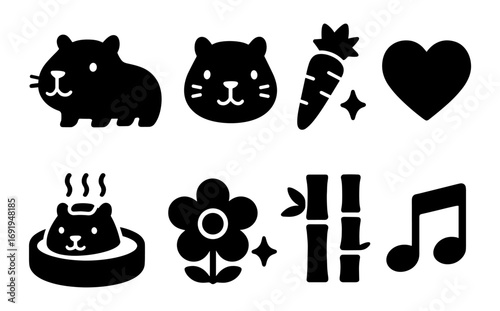 Charming animal silhouettes and icons featuring cute capybara and playful nature elements