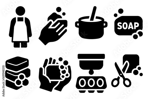 Essential kitchen and hygiene icons in bold silhouette style
