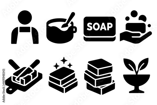 Silhouette icons of homemade soap making and natural ingredients