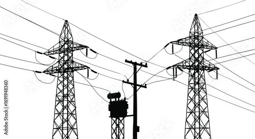 Silhouette of high voltage power lines, electricity transmission towers, transformer station, energy infrastructure, black and white electric grid background