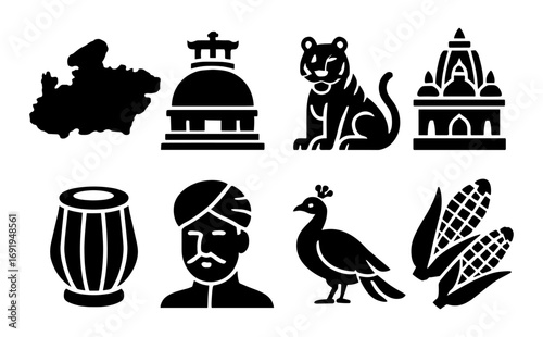Indian cultural icons: silhouette collection of heritage symbols and landmarks