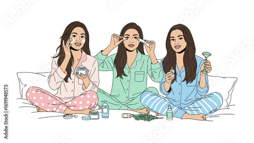 Three young women in colorful pajamas enjoying a fun skincare routine together at a sleepover applying face masks and makeup