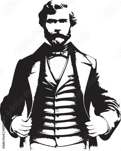 This is a stylized black and white illustration of a man from the 1800s, possibly a politician or businessman, dressed in formal attire with his hands in his coat pockets.