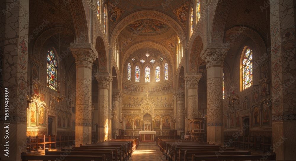 Obraz premium Architectural grandeur, interior view of a majestic church with stained glass windows
