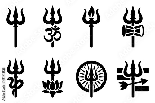 Set of trident symbols featuring religious and cultural elements