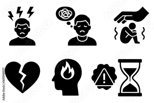 Mental health icons set: emotions, anxiety, stress, and support in modern silhouette design
