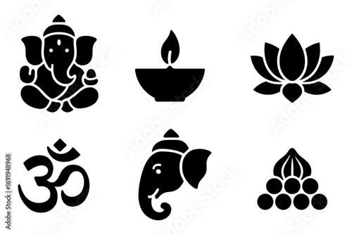 Silhouette icons of ganesha, diya, lotus, om, elephant head, and sweets