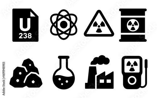 Nuclear energy icons set featuring radiation symbols and industrial elements