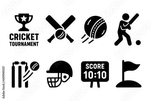 Bold cricket icons set featuring players, equipment, and game elements