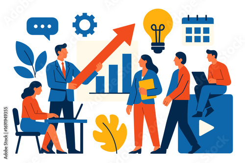 Collaborative teamwork and business growth concept with charts and innovation icons