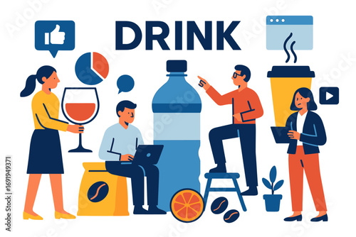 Beverage concept design with people interacting and drinking in flat style