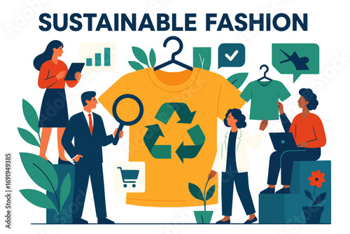 Sustainable fashion concept with people and eco-friendly symbols