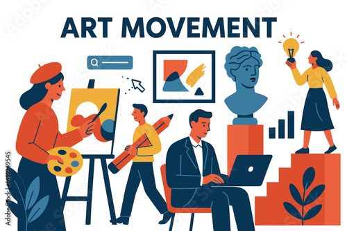 Creative art collaboration: modern flat style illustration showcasing artistic expression