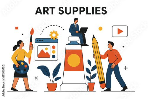 Creative art supplies and artists with modern artistic tools and software
