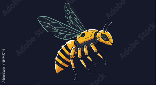 Detailed illustration of a robotic bee with mechanical wings.
