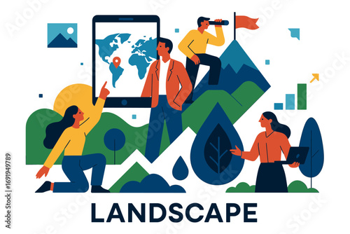 Modern illustration of global exploration and teamwork with nature elements