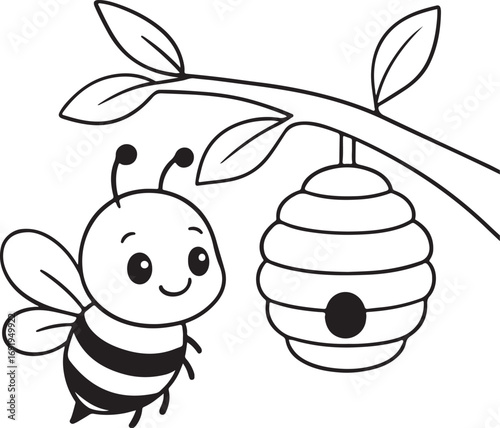 Adorable cartoon bee flies near a cute beehive hanging on a tree branch, perfect for kids' projects