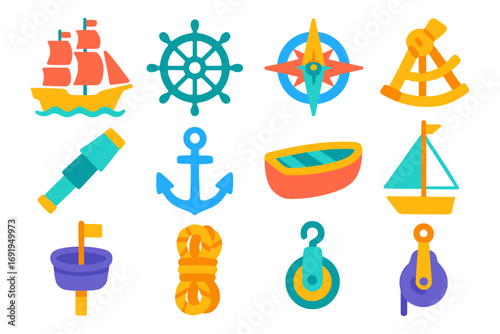 Colorful nautical icons set featuring ships, anchors, and steering wheels in flat design