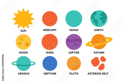 Colorful flat design solar system with planets and asteroid belt