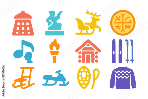 Colorful winter icons: cozy cabins, skiing, and holiday symbols in playful flat style