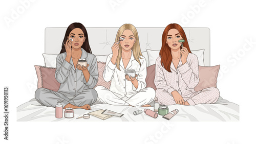 Three diverse young women in pajamas enjoying a relaxing skincare routine together on a bed with pillows and beauty products