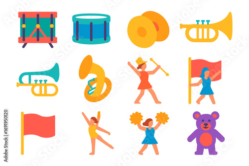 Colorful parade icons featuring musical instruments and cheerful performers