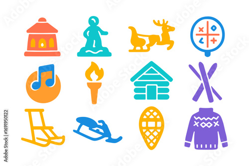 Colorful winter activities and symbols in playful flat style