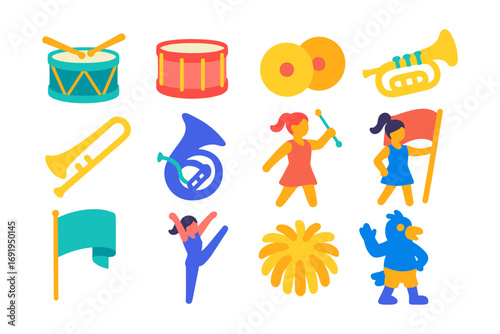 Colorful parade elements featuring musical instruments and cheerful characters