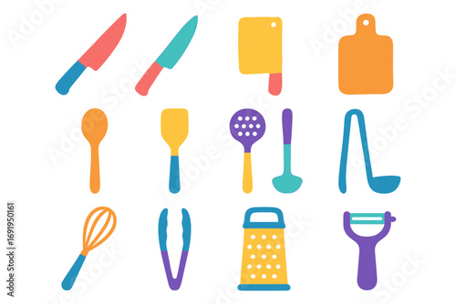 Colorful kitchen tools collection: knives, spoons, whisk, ladle, grater, peeler