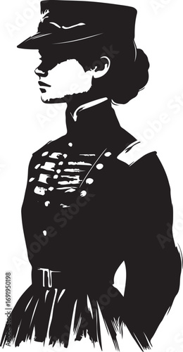 A stylized black and white illustration depicts a woman in profile, wearing a military-style jacket and peaked cap, suggesting strength and authority.