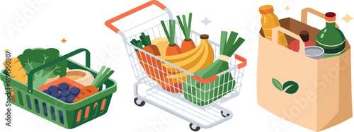 Illustration of shopping basket cart and bag filled with food