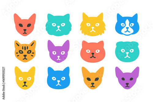 Colorful cat faces collection in flat style on white background