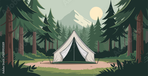 A tent in a forest with a mountain and sun in the background view