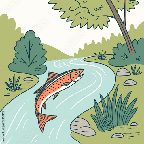 Vector art of a salmon swims upstream in a river surrounded by lush greenery, trees, and rocks, creating a serene and natural scene in nature