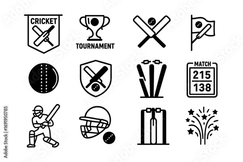 Cricket icons set: trophy, equipment, match details in minimal style