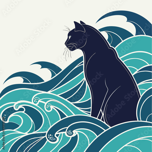 Vector art of a sleek black cat sits majestically amidst stylized ocean waves, exuding an air of mystery and elegance in a nautical setting
