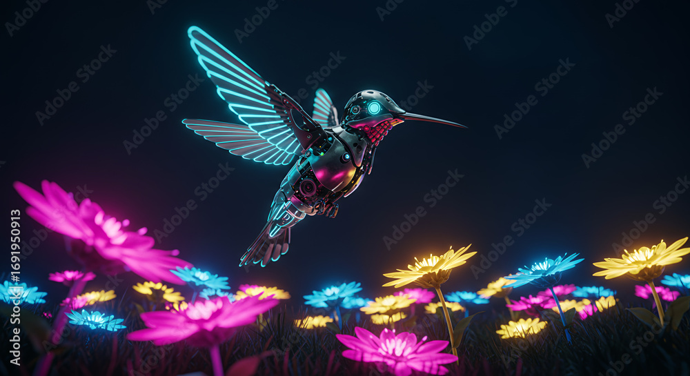 Obraz premium Hummingbird with glowing neon wings hovering above colorful illuminated flowers in a dark fantasy inspired scene with vibrant neon colors and magical glowing effects