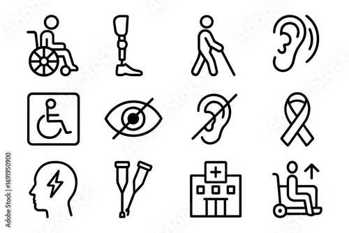 Minimal disability icons: accessibility and medical support symbols