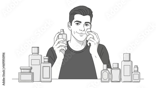 Young man applying facial serum or moisturizer to his face with clean hands surrounded by various skincare bottles and products