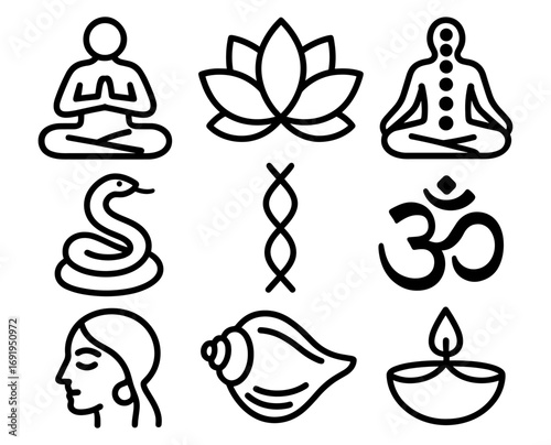 Yoga and meditation symbols: serenity in simple lines and patterns