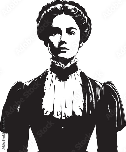A striking black and white illustration portrays a woman from the late 19th or early 20th century, her serious expression and elegant attire creating a timeless portrait.