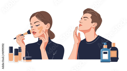 Young woman applying foundation with makeup brush and young man applying skincare product to his face beauty routine concept