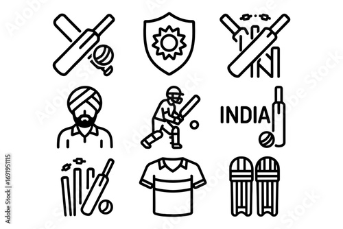 Cricket symbols: bats, players, and indian icons in linear style