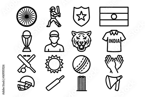 Cricket icons set: outline style symbols of sport, culture, and national pride