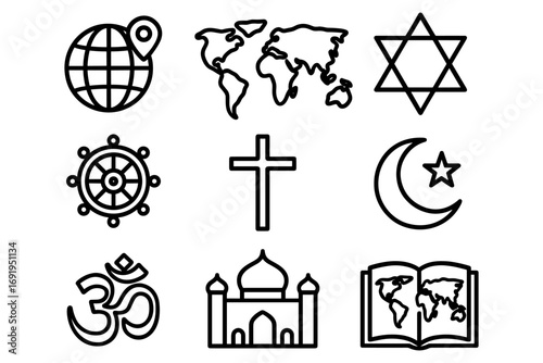 Symbolic icons of world religions and cultures in linear style
