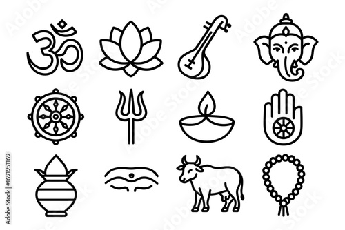 Hindu symbols collection featuring deity icons, sacred objects, and cultural motifs in simple black line art