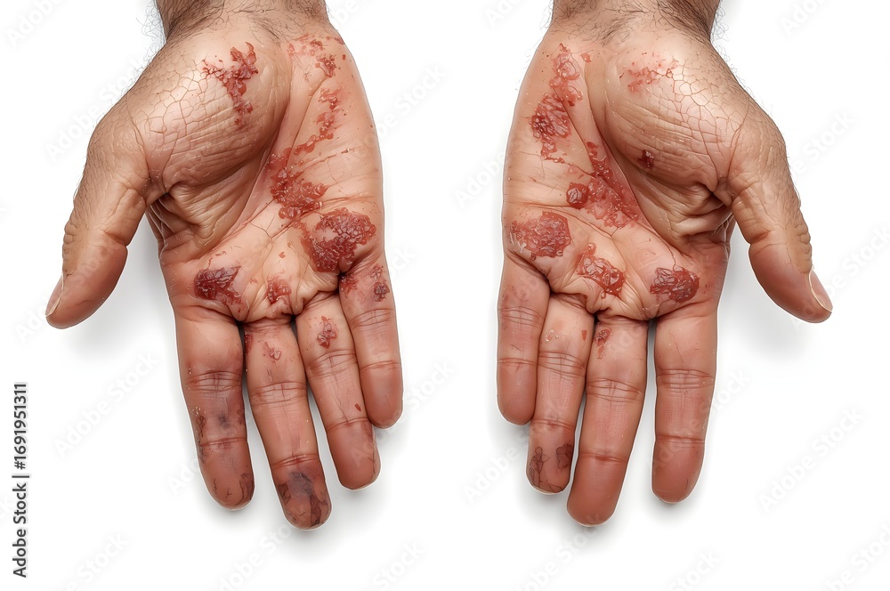 Fototapeta premium Psoriasis vulgaris on the mans hands with plaque, rash and patches, isolated on white background.