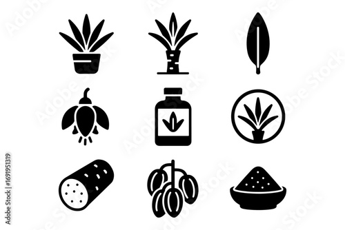 Aloe vera icon set: plants, leaves, extracts, and products in bold black silhouette style