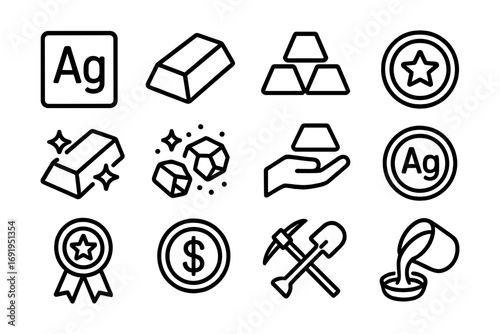 Minimalist silver and gold mining icons for economy and trade