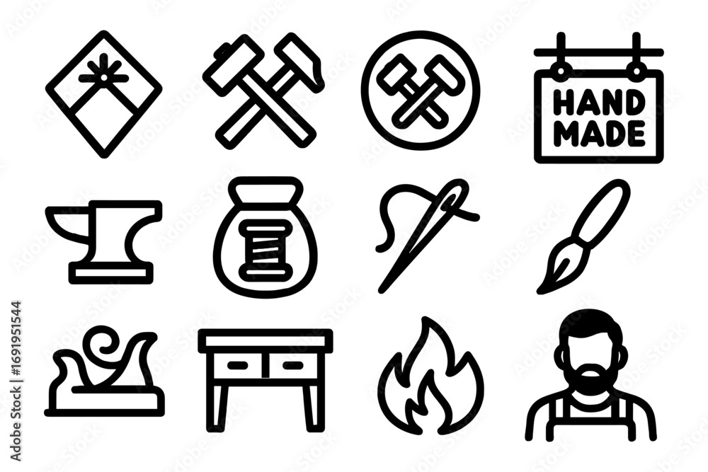 Obraz premium Crafting icons: tools and handmade symbol collection in line art style